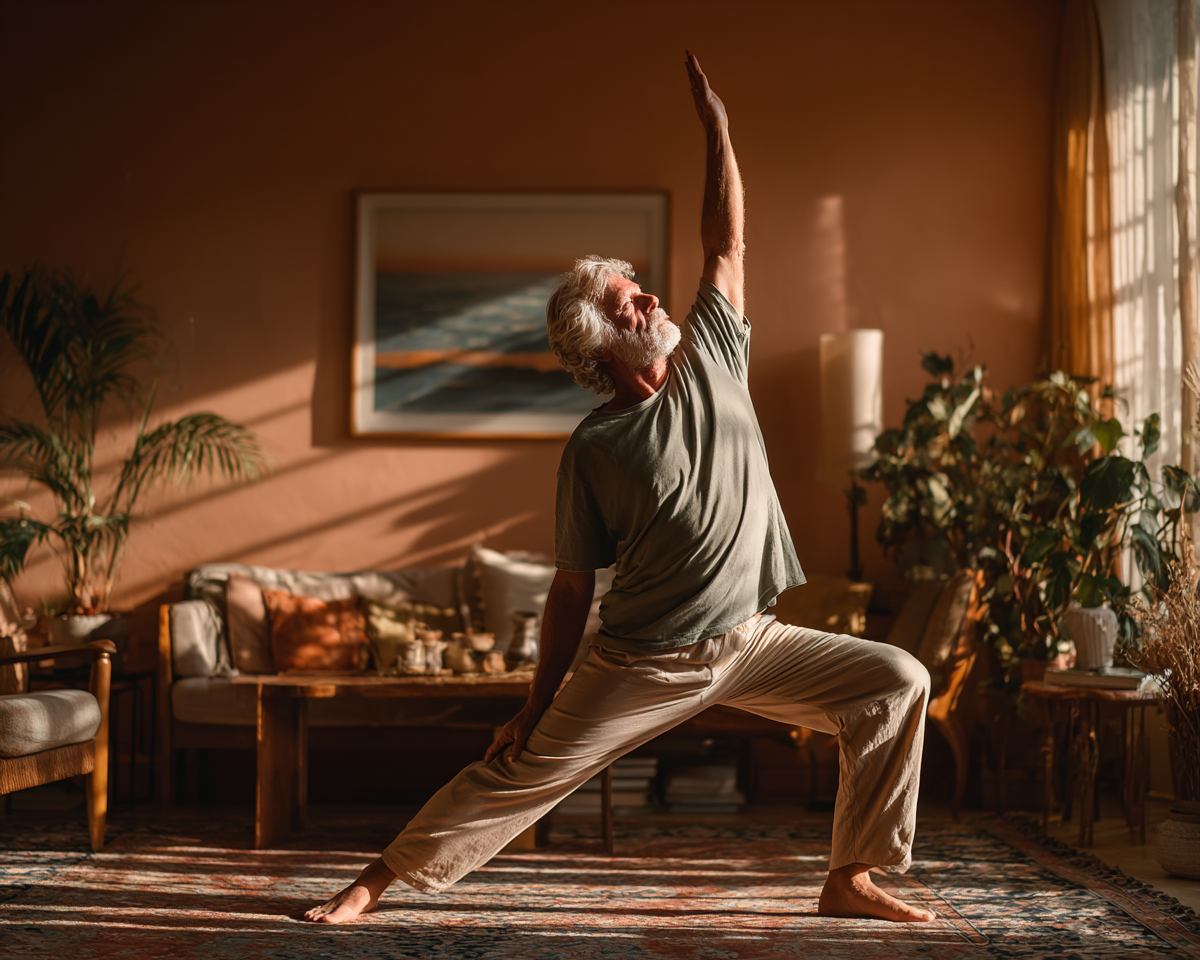 Група людей зрілого віку практикує йогу в світлій студії